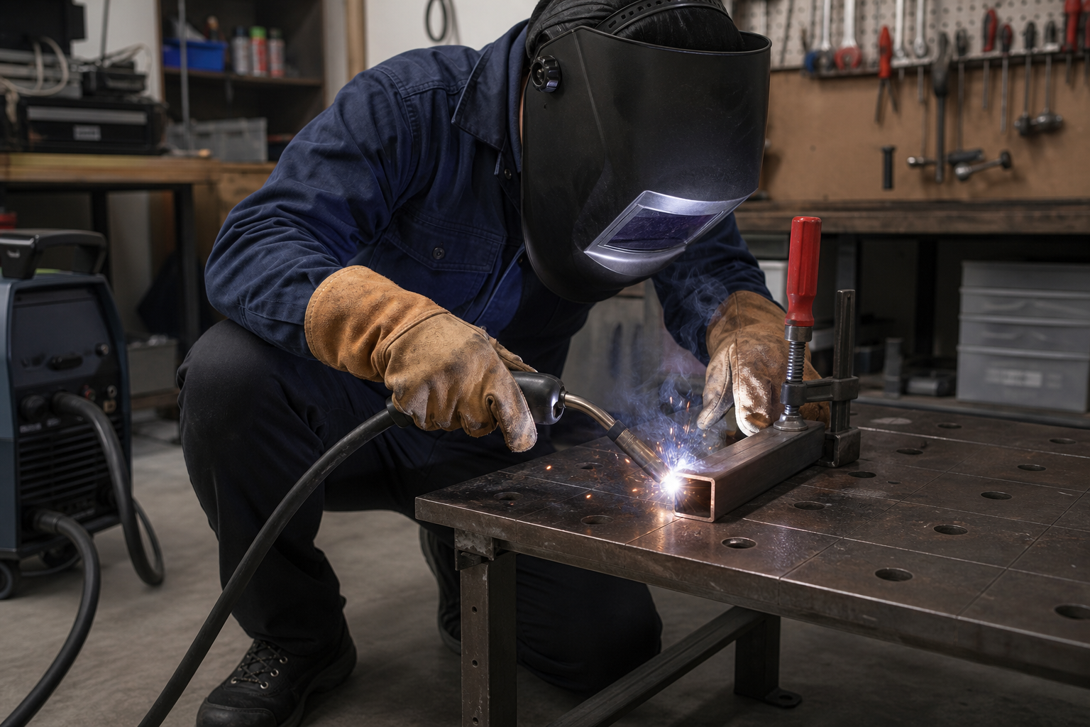 遮光面と保護具を着けて溶接している作業者