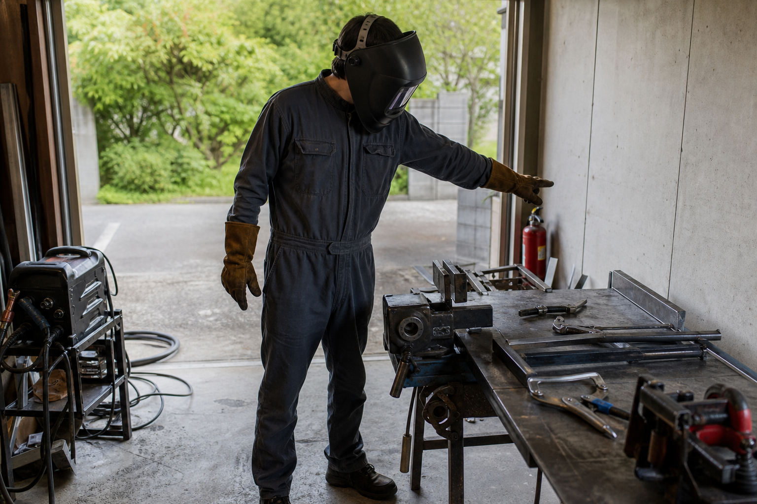 溶接面と革手袋を着用し換気と可燃物を確認するDIY作業者
