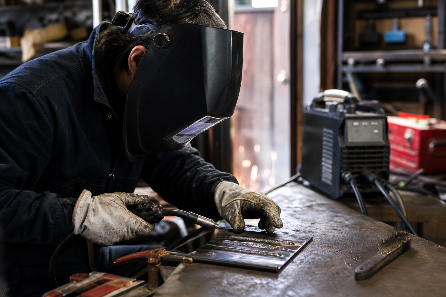 端材の練習ビードを確認しながら次の溶接練習へ進むDIY作業者