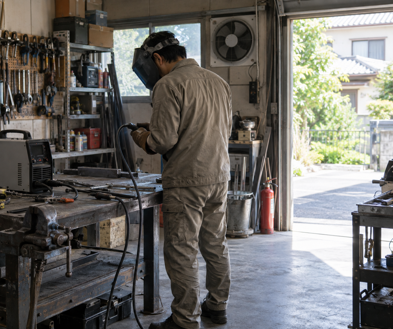 溶接機を停止して保護具と換気を確認するDIY作業者