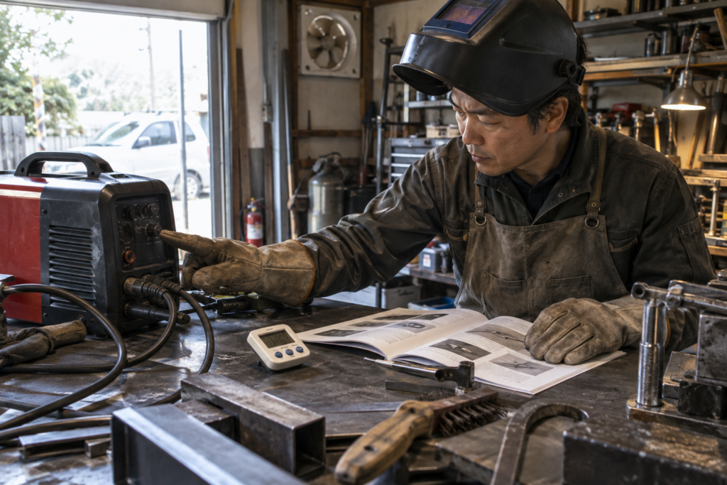溶接機の銘板と取扱説明書で使用率を確認するDIY作業者