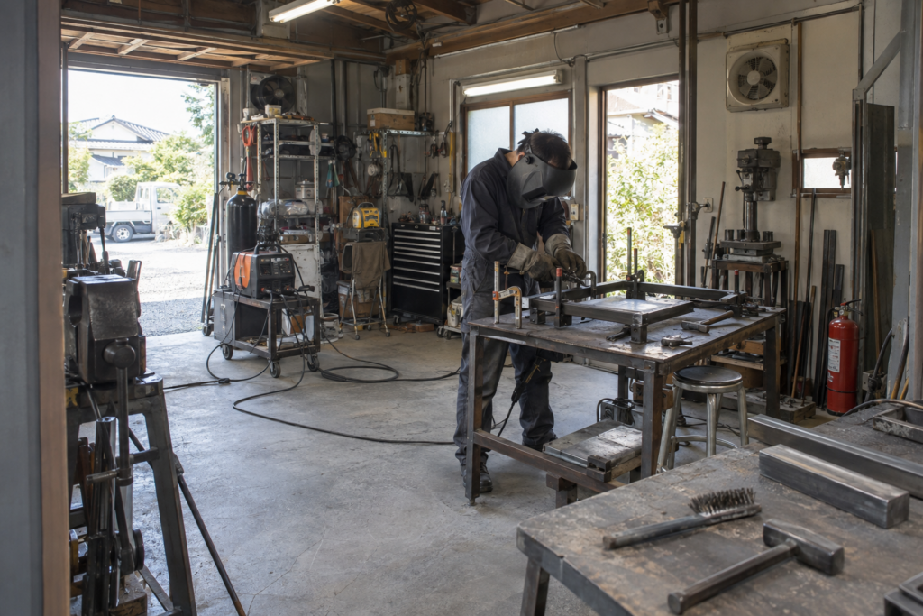 溶接機を休ませながら部材を固定するDIY作業者