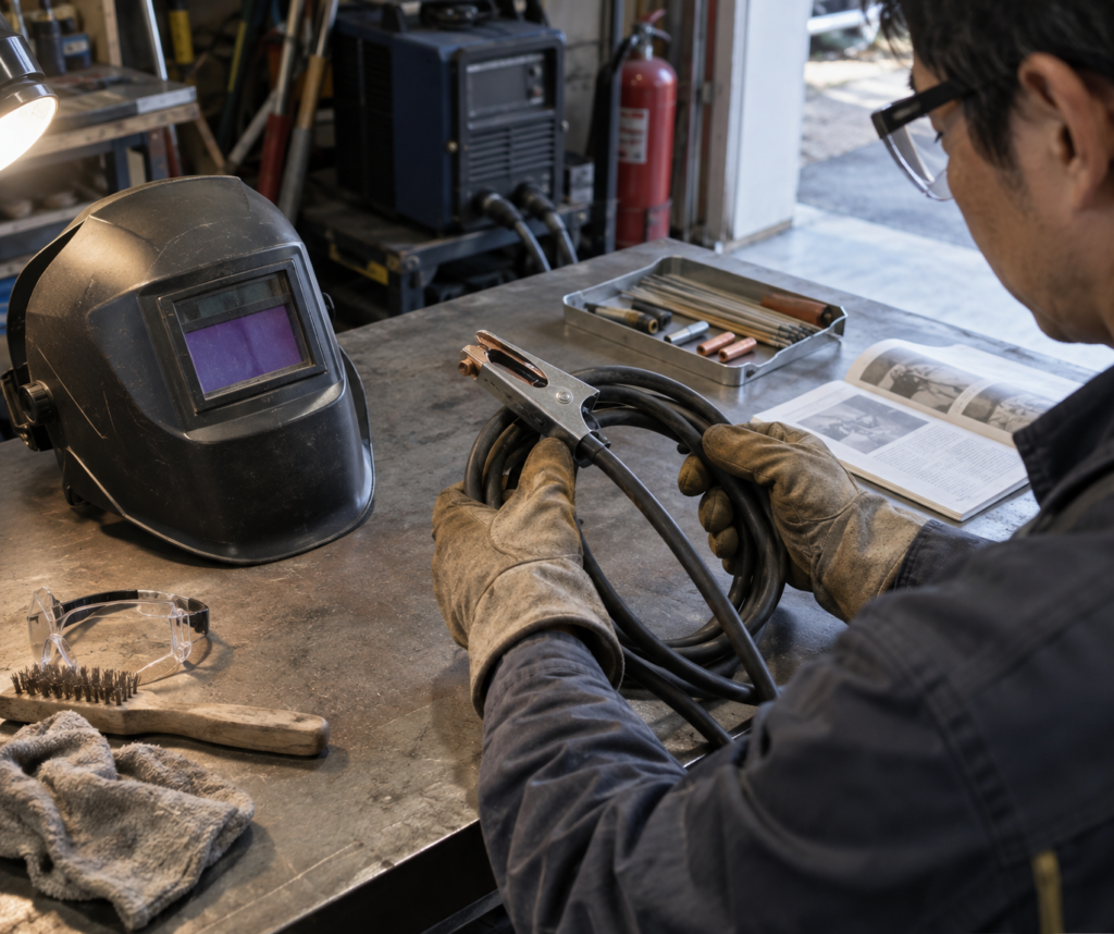 溶接前に遮光面・手袋・作業着などの保護具を点検する作業者