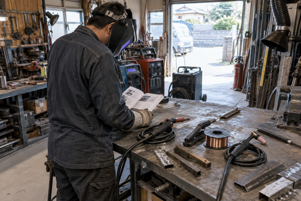 被覆アーク・半自動・TIGのトーチやホルダーを比較する作業者