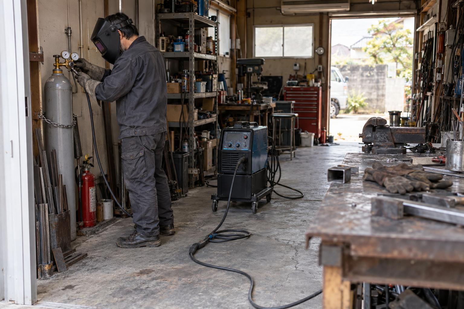 固定されたガスボンベと調整器、ホースがつながる家庭ガレージの半自動溶接機