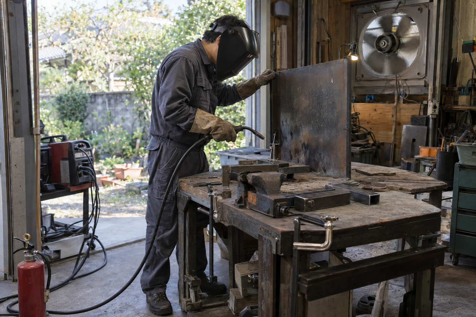 風よけと換気を整え、保護具を着けて溶接の準備を終えたDIY作業者