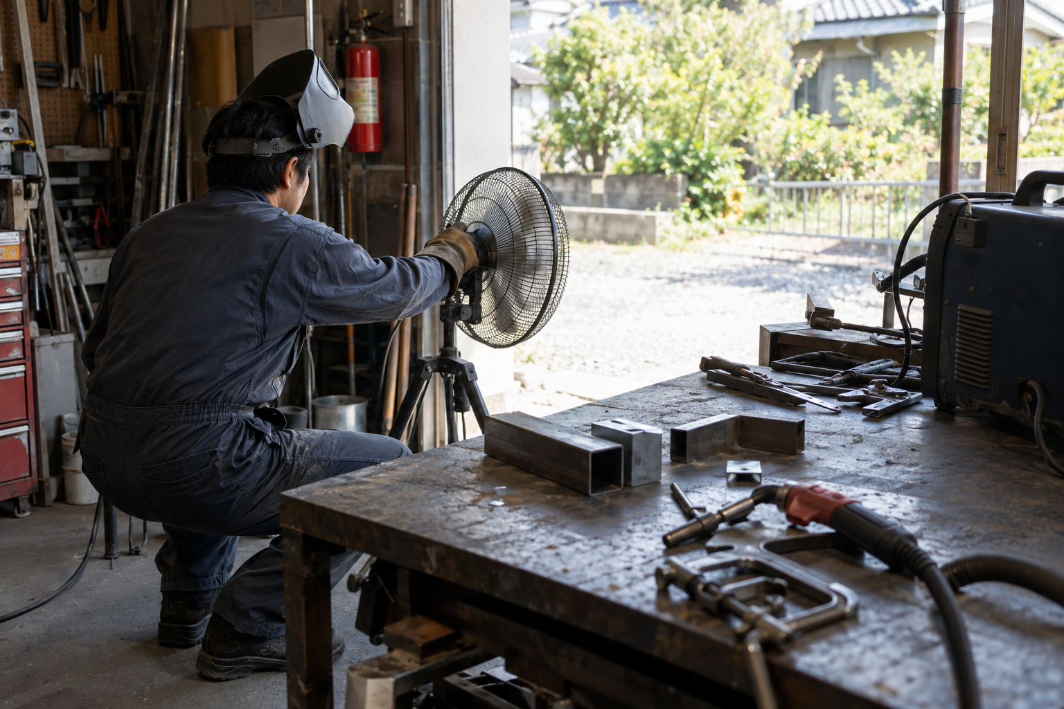 溶接面と革手袋を着けた作業者が、戸口の近くで送風機の向きを調整している家庭のガレージ