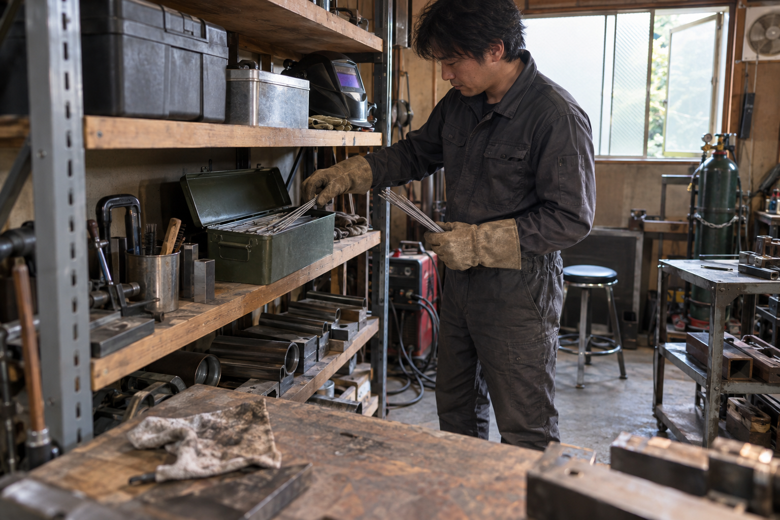 屋内の棚の容器から溶接棒を取り出す作業者