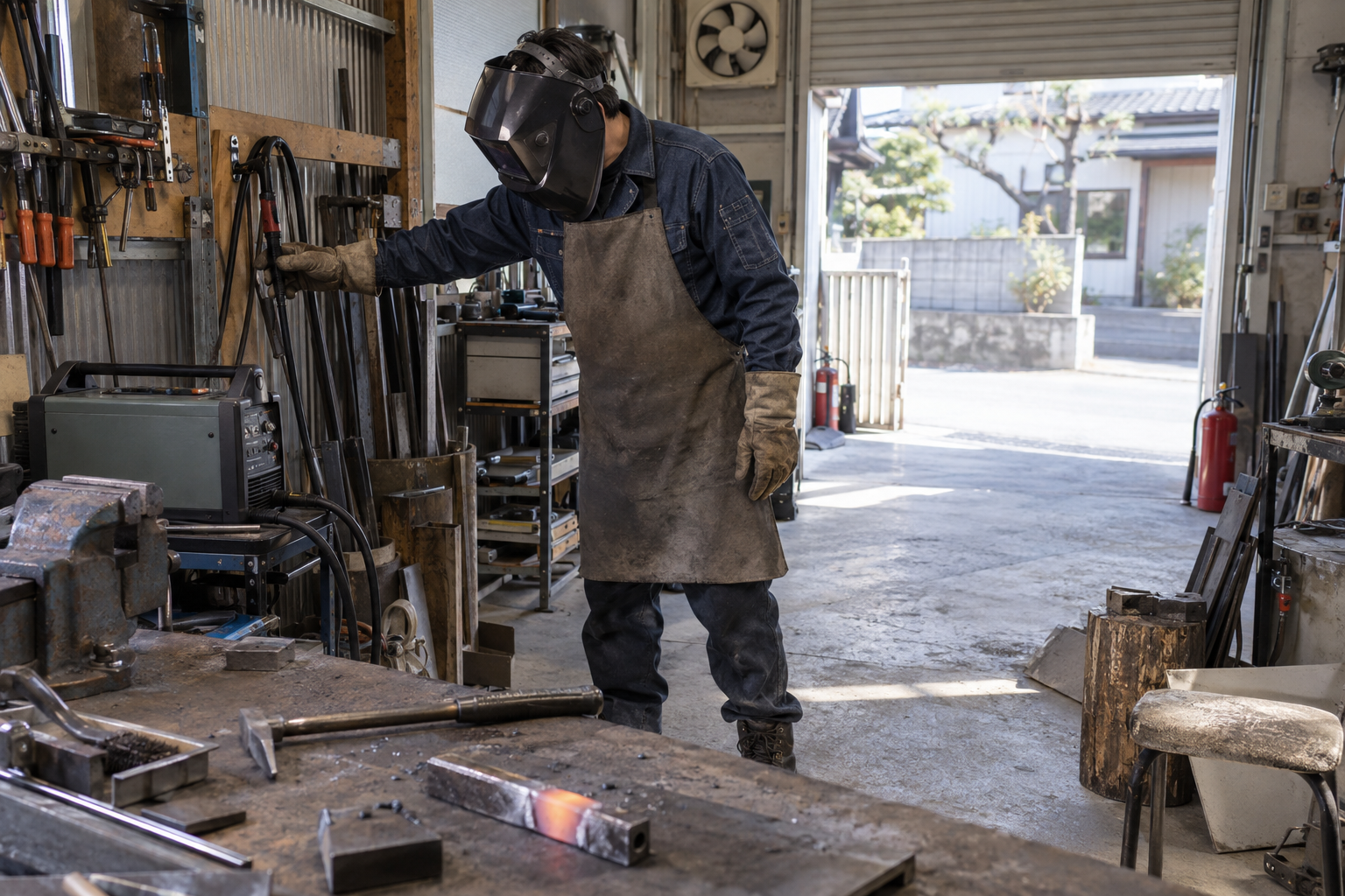 作業後に溶接機を停止してホルダーを掛けるDIY作業者