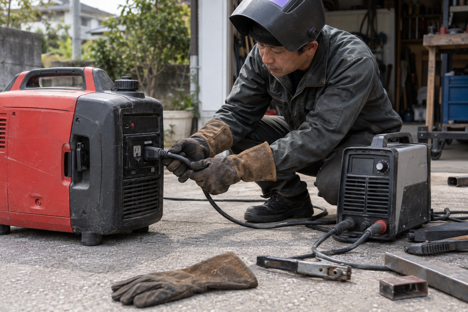 屋外の携帯発電機から溶接機へ電源をとる準備をする作業者