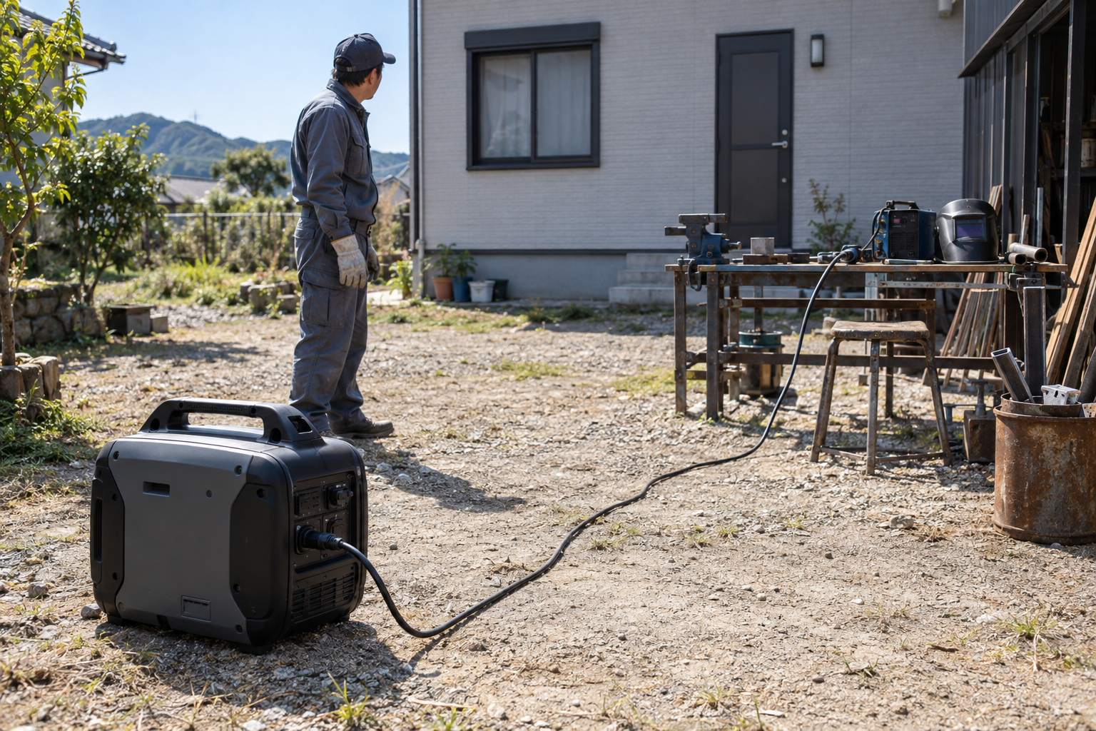 建物の開口部から離して屋外に置いた携帯発電機