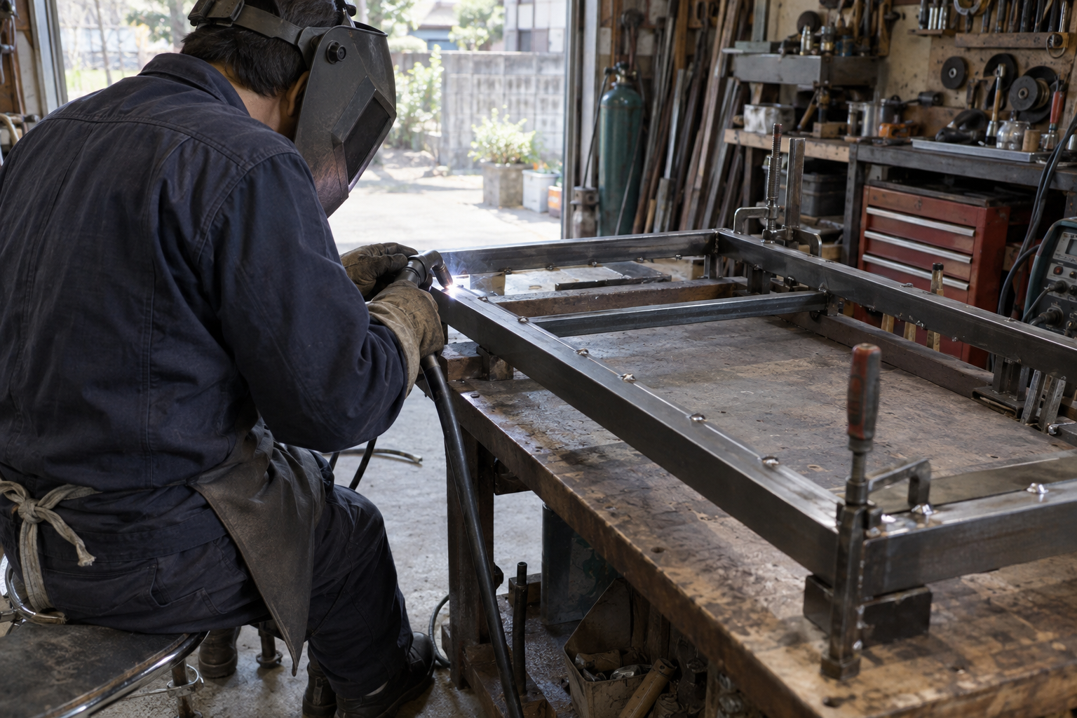 鉄枠の対角へ移りながら短いビードを置くDIY作業者