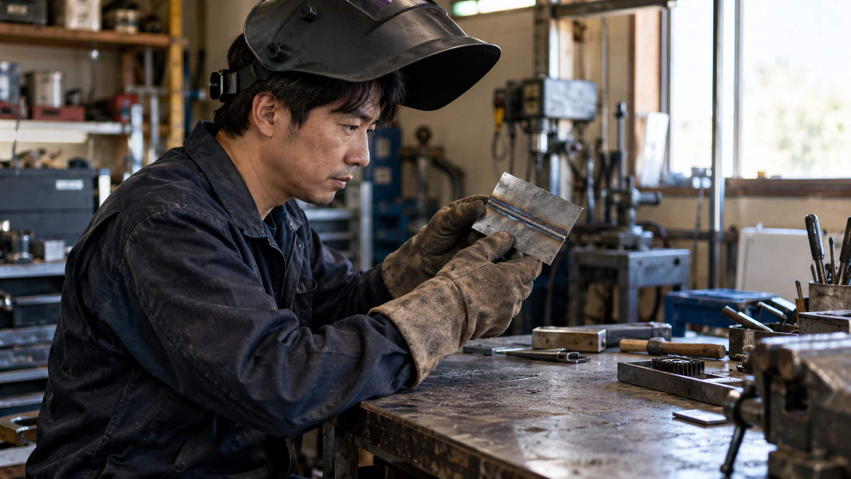 長袖作業着と革手袋と上げた自動遮光面を着用した日本人作業者が冷えた練習片を観察する場面