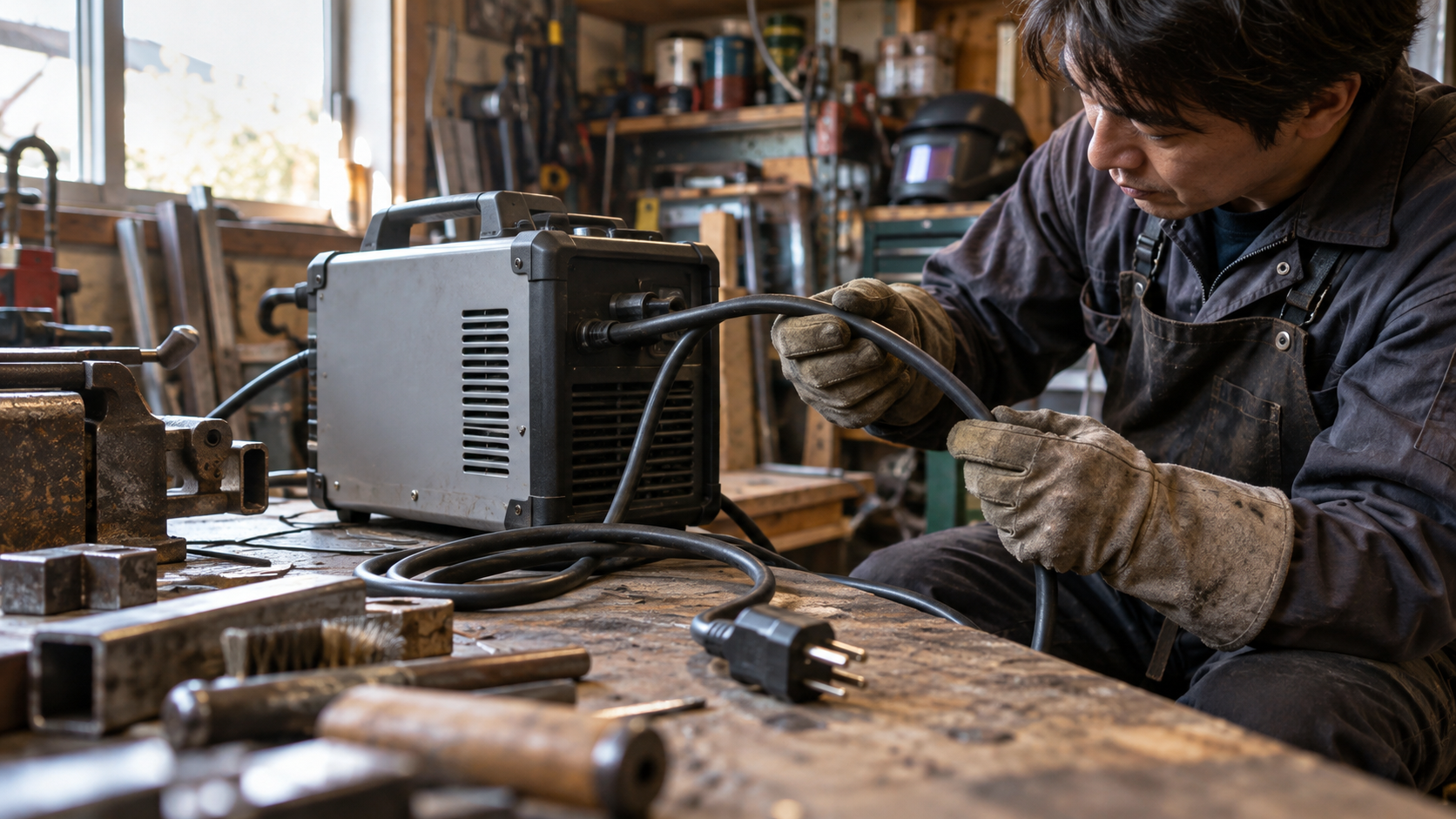 電源を抜いてケーブル外側を確認する作業者