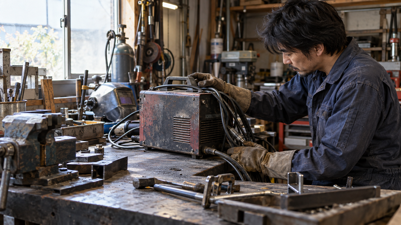 中古溶接機の状態と作業場所を確認する場面