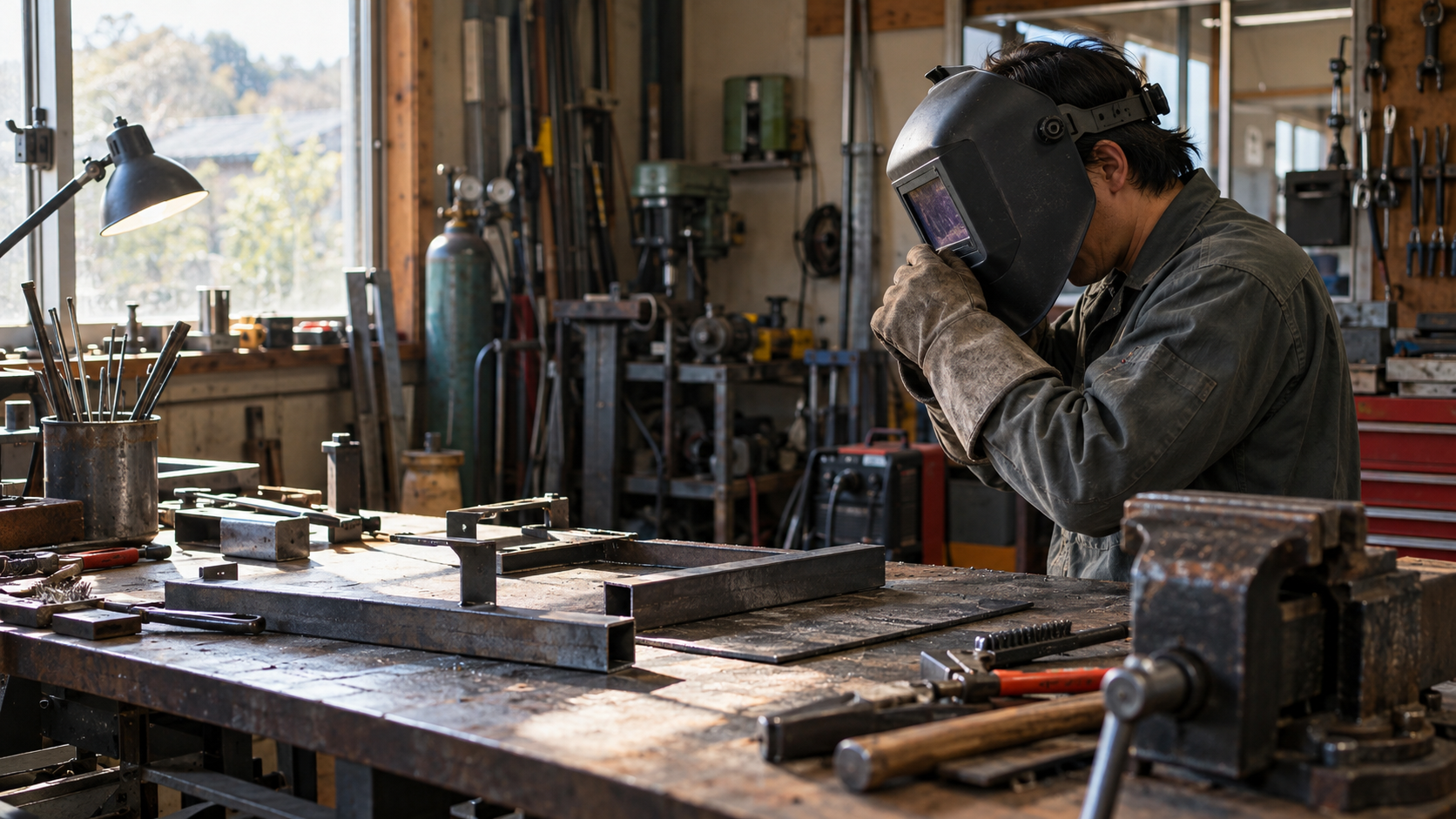 保護具と作業場所を準備する家庭の工房