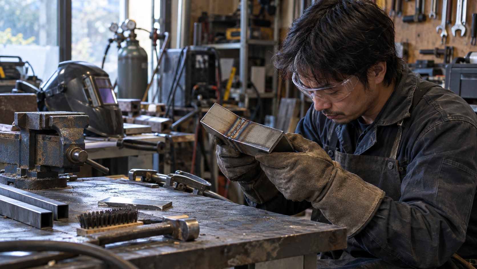 停止後の試料を保護具を着けて確認する作業者