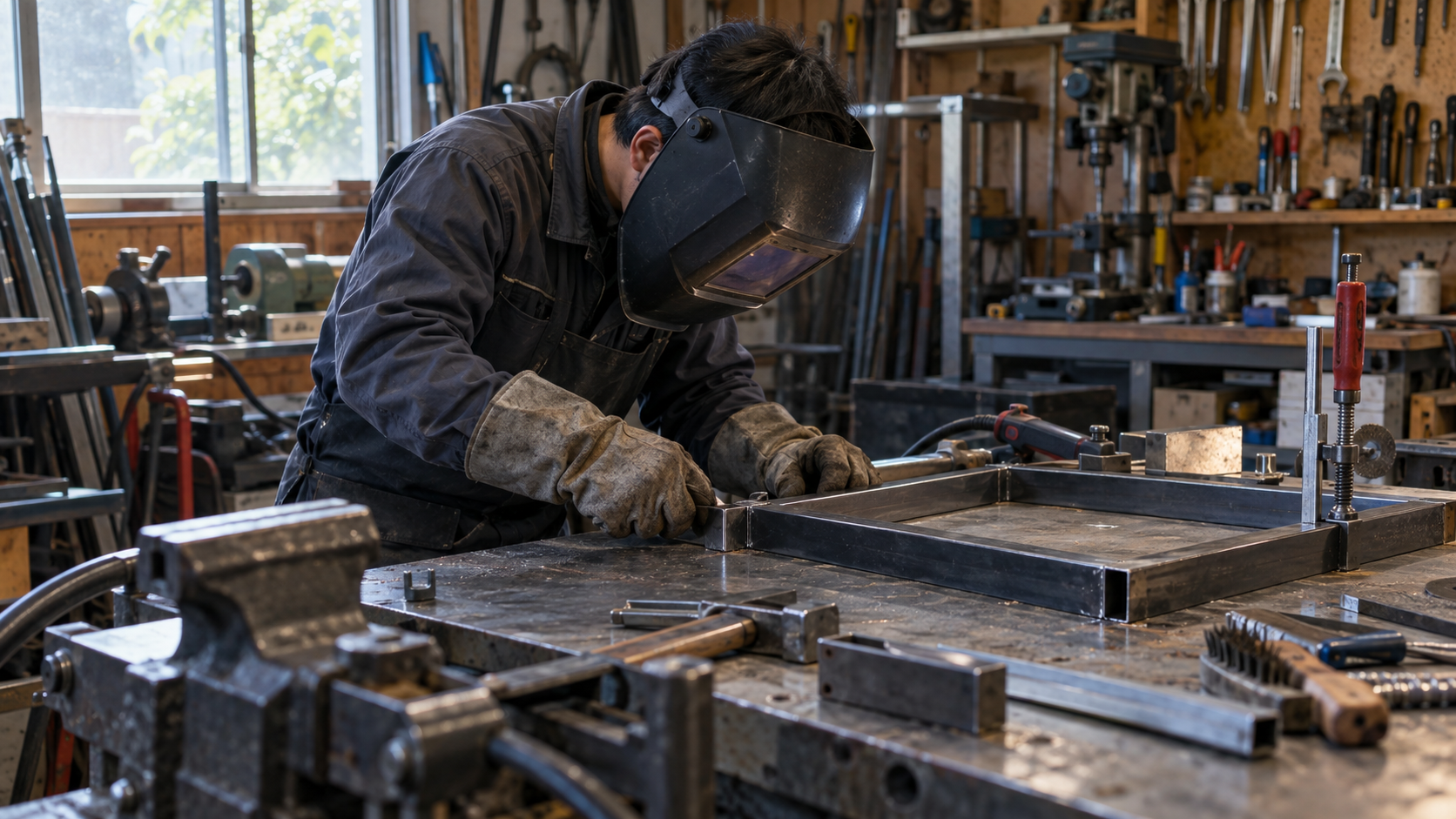 保護具を着けて仮付け前の動線を確認する作業者