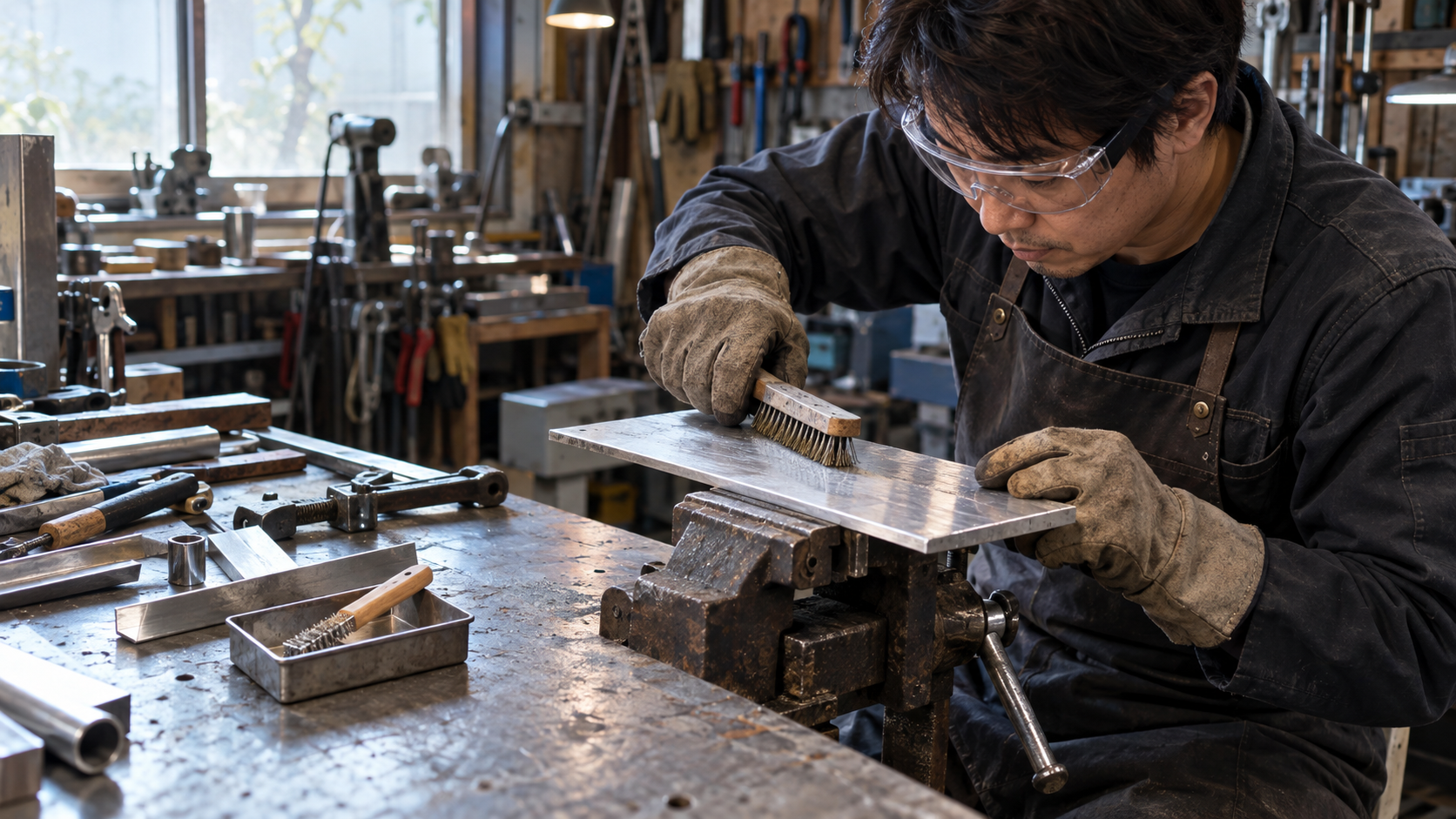 アルミ専用のブラシで清掃する手元のイメージ