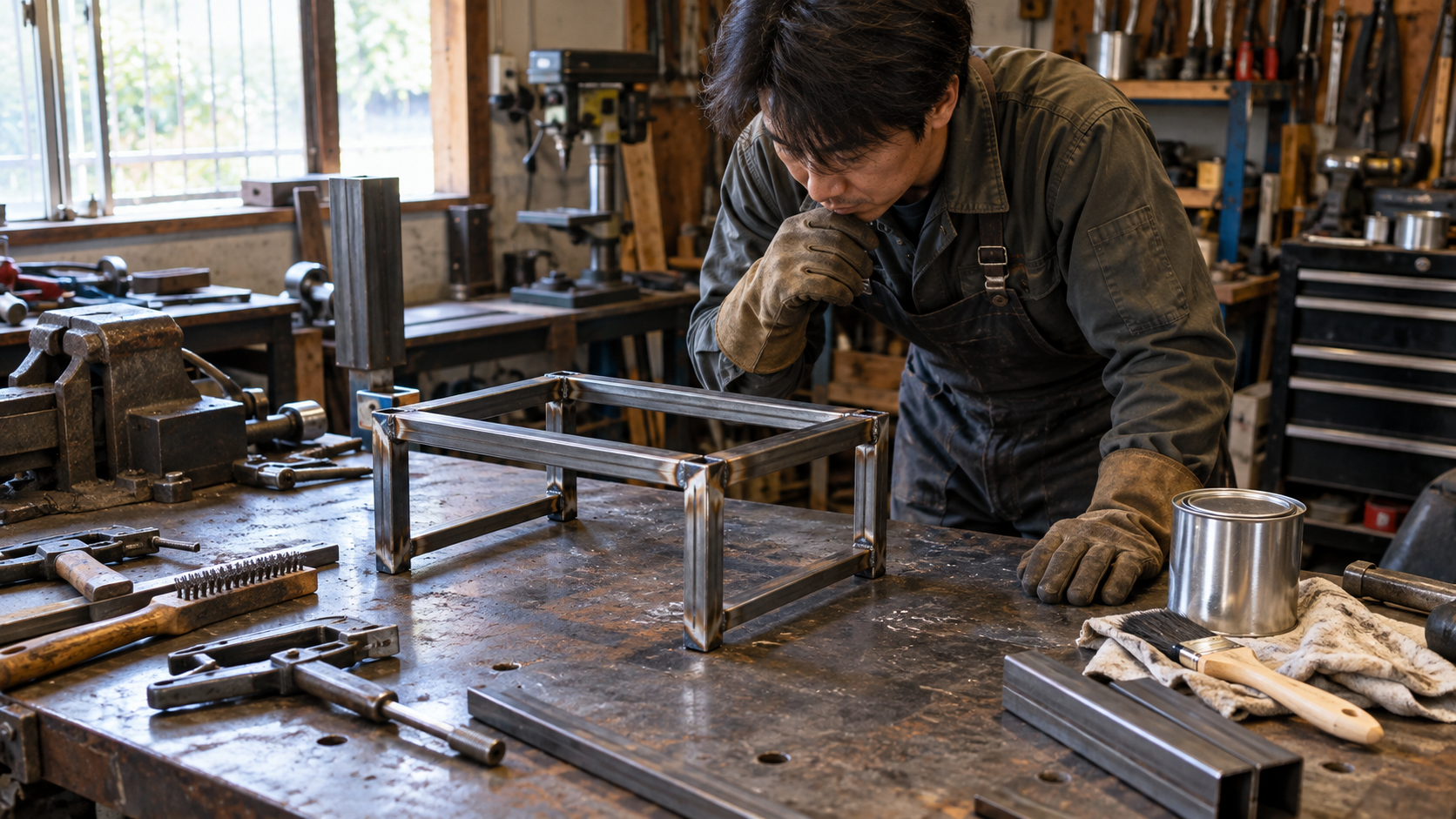 冷却した鋼製フレームの塗装前準備のイメージ