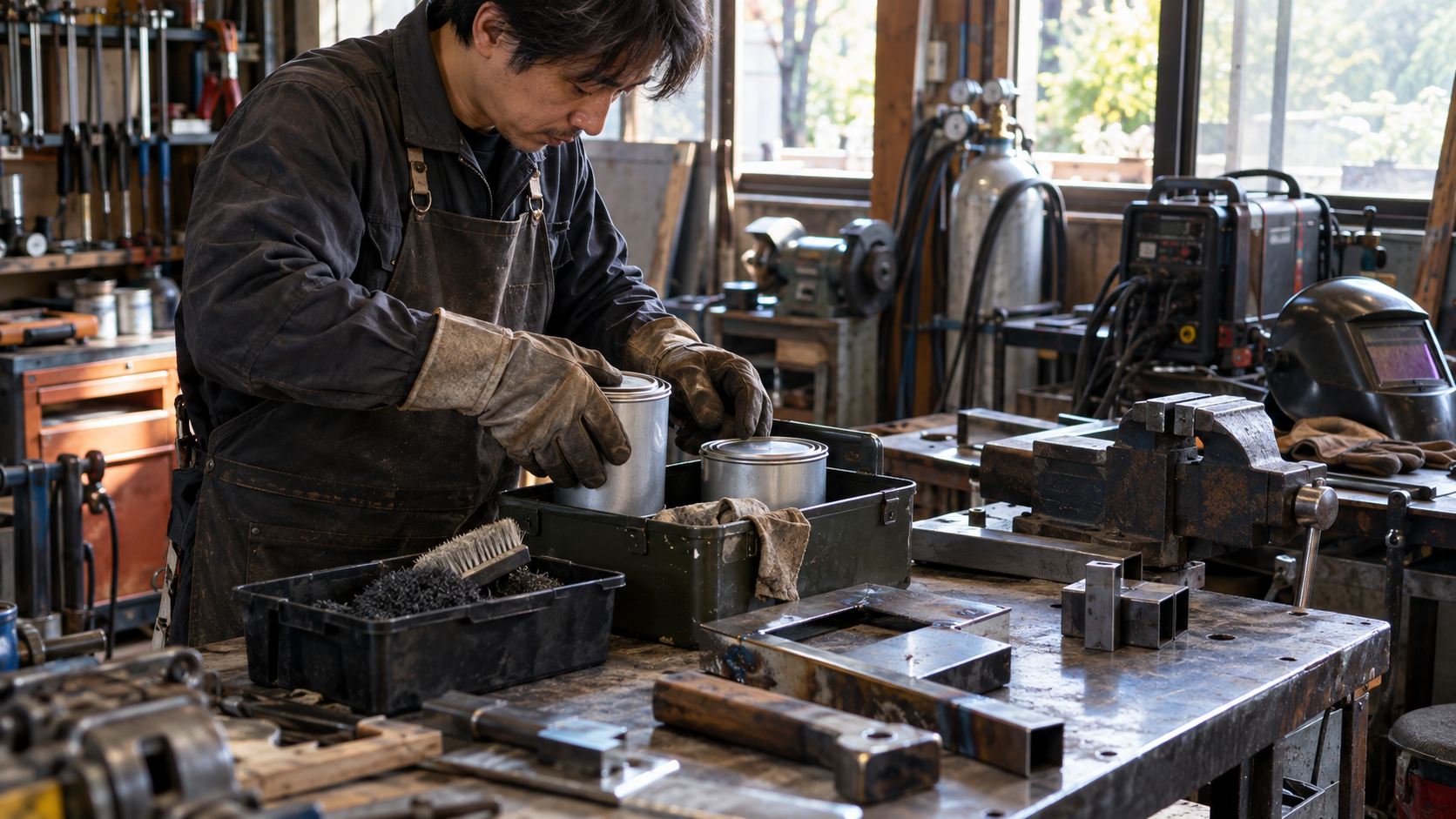 塗料と溶接作業を分ける準備のイメージ