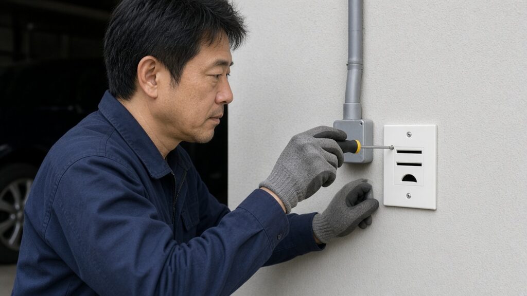 ガレージの外壁に配管を通し、電気工事士がドライバーで単相200V用のコンセントを取り付けている様子