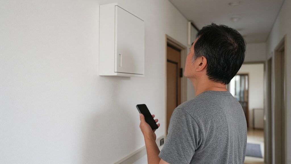 住宅の廊下の壁に取り付けられた、ふたを閉じた白い分電盤を見上げてスマートフォンを手にする住人