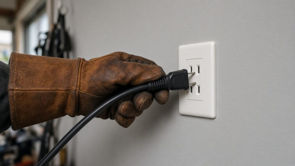 革手袋をはめた手で、黒い電源コードの2極プラグを壁の白い100Vコンセントに差し込む様子
